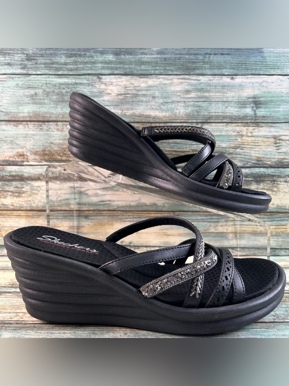 Skechers Slide Sandal Womens Size 7.5M Black Faux Leather Wedge Heel